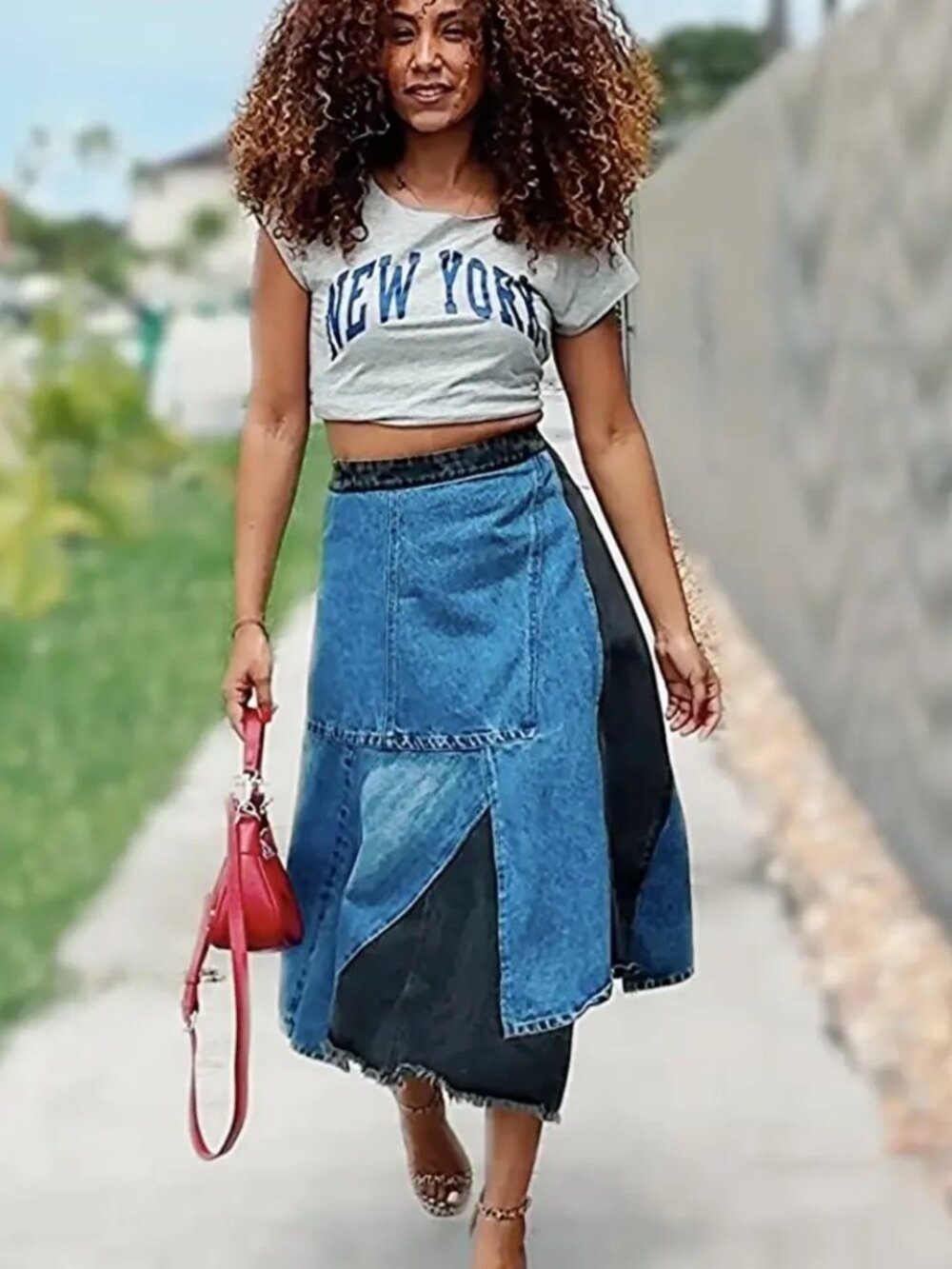 SEA New York Elena Skirt baggy pieced Denim Patchwork Midi Grunge asymmetric 6 - Picture 3 of 16